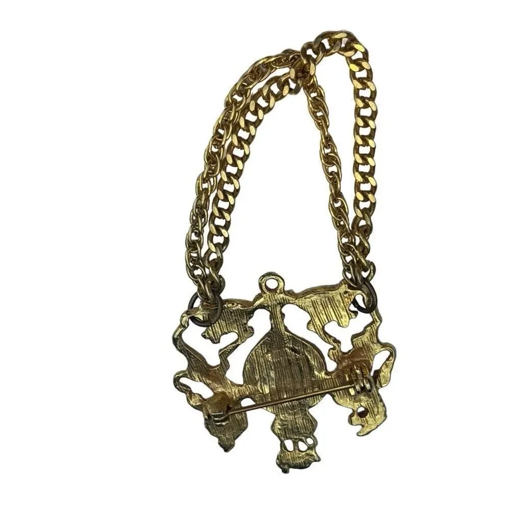 Vintage British Heraldic Double Chain Brooch Cloak Clasp Lion Crest